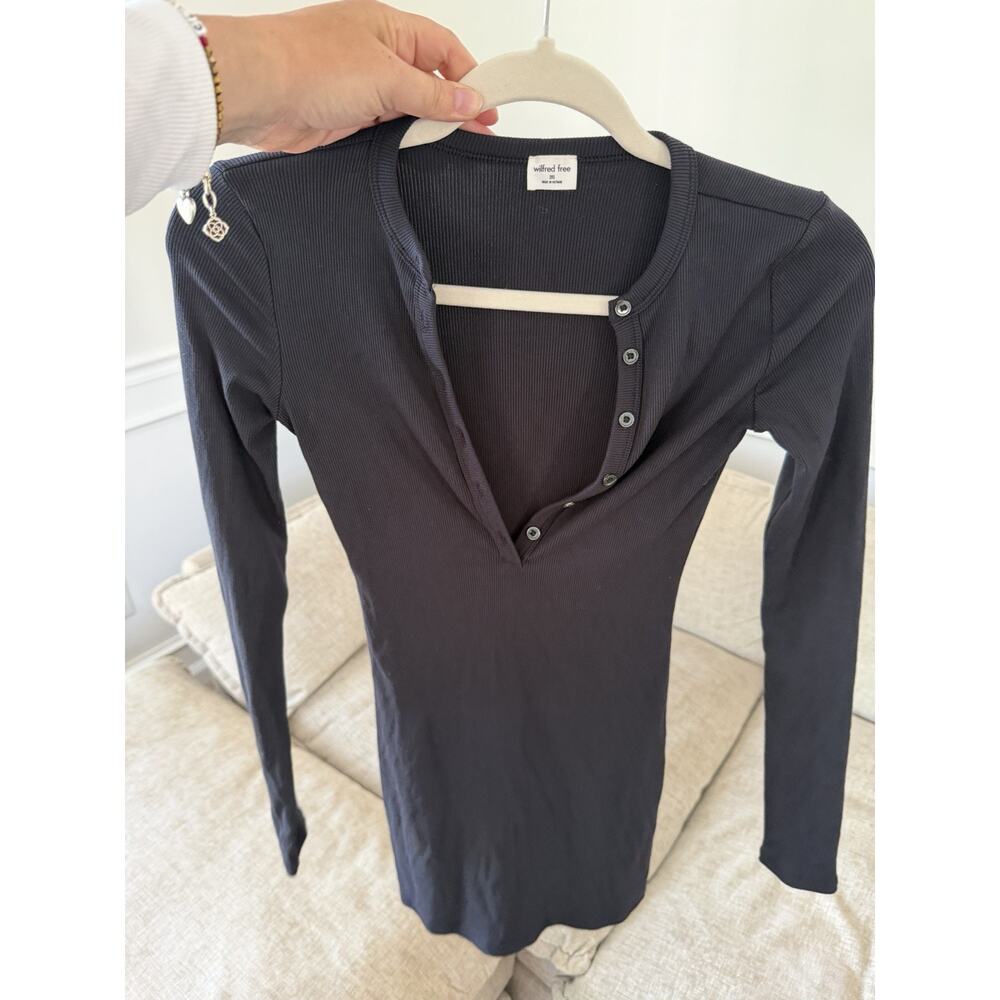 Aritzia Wilfred Free Ribbed Henley Dress Womens 2XS Black Long Sleeve